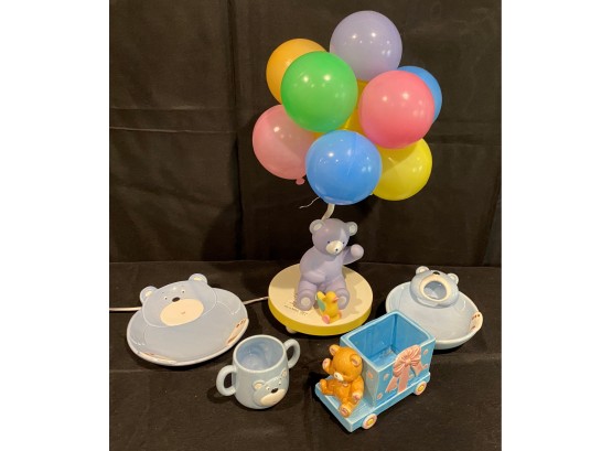 Group Of Baby & Nursery Items - Bear & Balloon Lamp, Child's Bear Bowl,  Mug  & More
