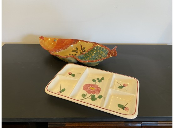 Two Pieces Of Serving Dishes,  Hand Painted In Italy & USA