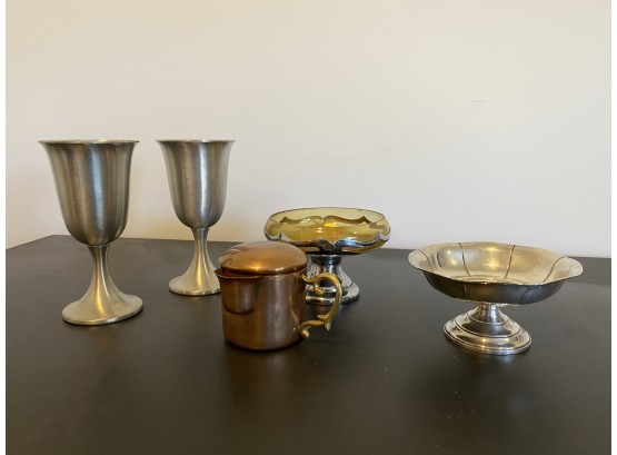 A Group Of Entertaining Items  Sterling Silver Compote, Pewter Chalices, Candy Dish & More.