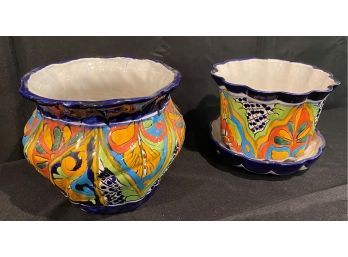 Hand Painted Two Ceramic Planters  Made In Mexico