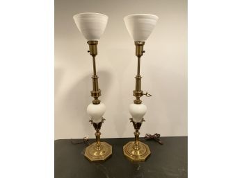 A  Pair Of  Vintage Stiffel  Brass Table Lamp With Milk Original Milk Glass Shades
