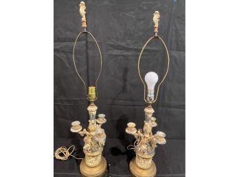A Pair Of Old  Electrified Painted White Metal Candelabra On Brass Base