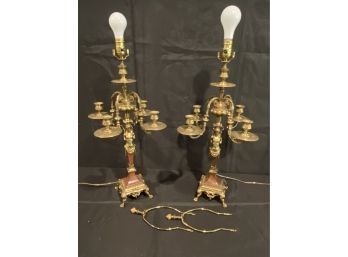 A Pair Of Antique French Empire Bronze & Marble Electrified Candelabra With Shades