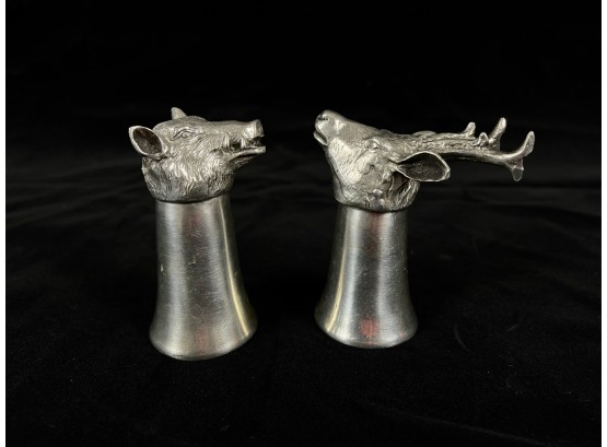 Pair Silver Tone Metal Animal Head Stirrup Cups - Set Of Two