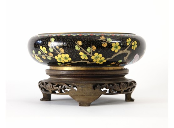 Vintage Chinese Cloisonne Bowl W Intricate Wooden Display Stand