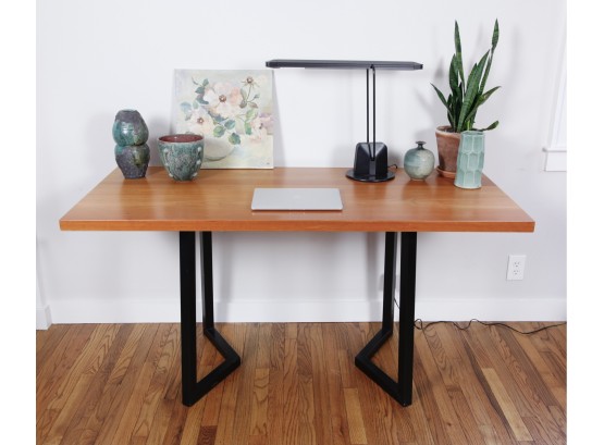 Contemporary Industrial Style Cherrywood Tone Wood Top And Black Metal Desk