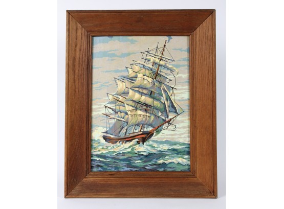 Framed Vintage Paint By Numbers Painting - Ship At Sea