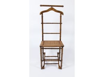 Mid Century Italian Faux Bamboo Wood Valet With Woven Seat -Gentlemen's Dressing Chair