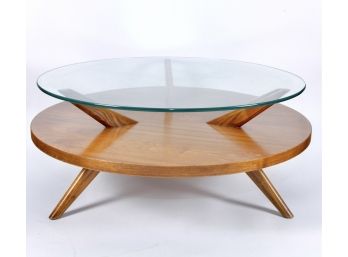 Vintage Mid Century Modern Two Tiered Circular Coffee Table W Glass Top & Tripod Base