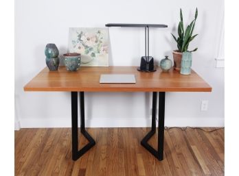 Contemporary Industrial Style Cherrywood Tone Wood Top And Black Metal Desk