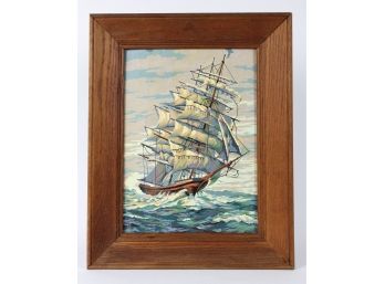 Framed Vintage Paint By Numbers Painting - Ship At Sea