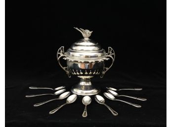 Antique Rodgers Silver Plated Sugar Bowl W Bird Motif, Spoon Holders And Spoons