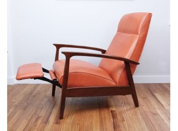 Milo Baughman MCM Style Orange Leather And Walnut Reclining Armchair