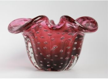 Murano Studio Art Glass Dish W Bubble Design & Ruffled Edge