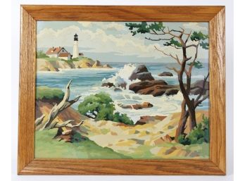 Framed Vintage Paint By Numbers Coastal Scene W Lighthouse