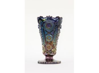 Vintage Blue Iridescent Carnival Glass Vase W Brunswick Star Design