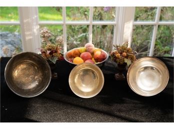 Four Silver Plate Paul Revere Bowls Faux Fruit And Two Miniature Metal Planters With A Dried Arrangement