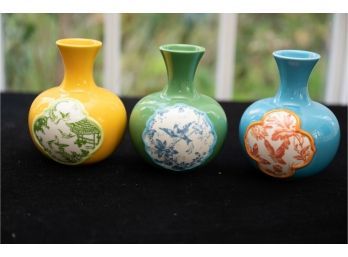 Three Colorful Bird Motif Vases
