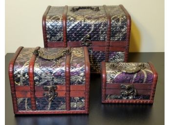 Brand New Set Of 3 Faux Leather & Wood Nesting Treasure Chest Storage Boxes