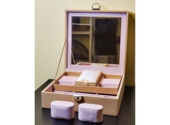 Nude Color Faux Leather Checker Quilted Pattern Jewelry Box With Large Mirror & 2 Trays