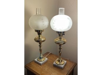 Pair Of Glass And Brass Round Etched Shade Lamps