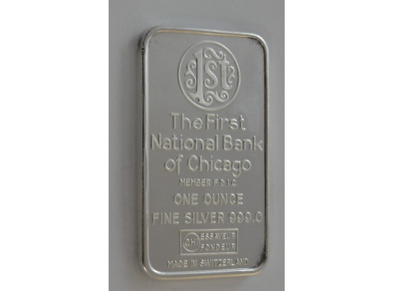 1 Ounce .999 Fine Silver Bar - First National Bank Of Chicago