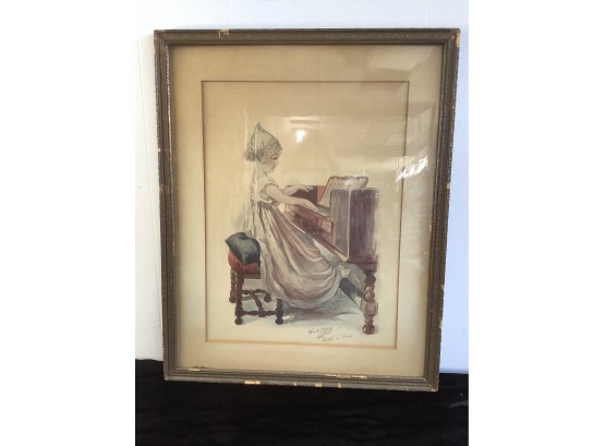 Signed Art Of A Young Girl Playing The Piano