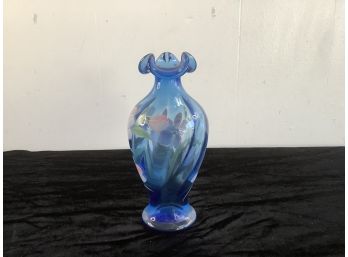 Fenton Floral Hand Painted Blue Glass Vase