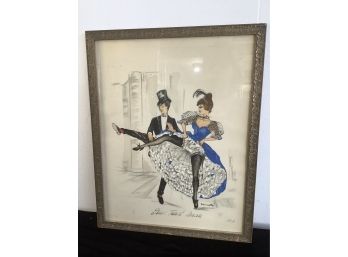 Signed Art Of A Man In A Tuxedo And Top Hat Dancing With Women In Blue Dress