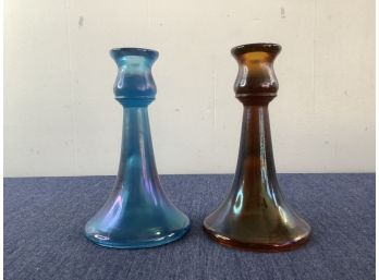 Stretch Glass Trumpet Candle Stick Holders Blue And Brown