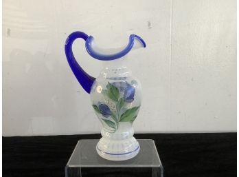 Blue And White Glass Fenton Floral Pitcher