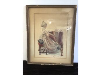 Signed Art Of A Young Girl Playing The Piano