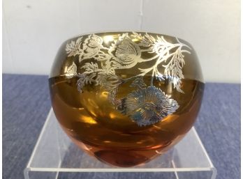 Viking Glass Amber Orb Ashtray With Silver Overlay