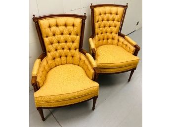 Pair Of Vintage Goldenrod Tufted Back Solid Wood Arm Chairs