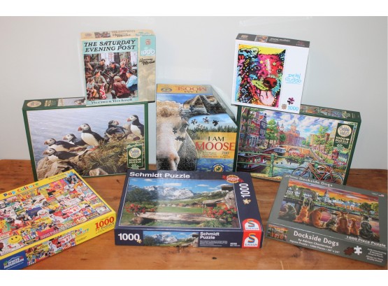 Group Of Eight 1000 Piece Puzzles From Cobble Hill, Springfield, Master Pieces, Etc.