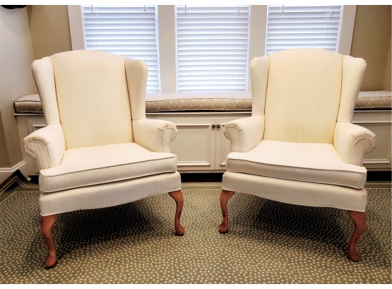 Beautiful Pair Of Cream Colored Upholstered Wingback Chairs By Carolina Sofa Company