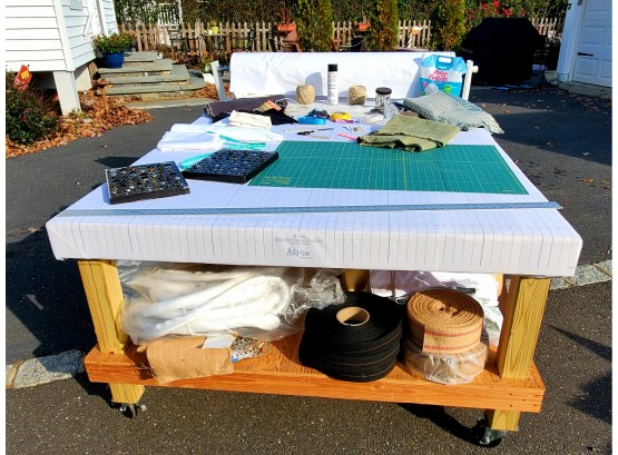 Very Large Homemade Rolling Wood Work Table & Accessories - Used For Upholstery, Curtain Making