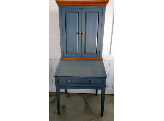 Ethan Allen Farmhouse Primitive Styled Blue Wood Stained 2 Piece Secretary Desk