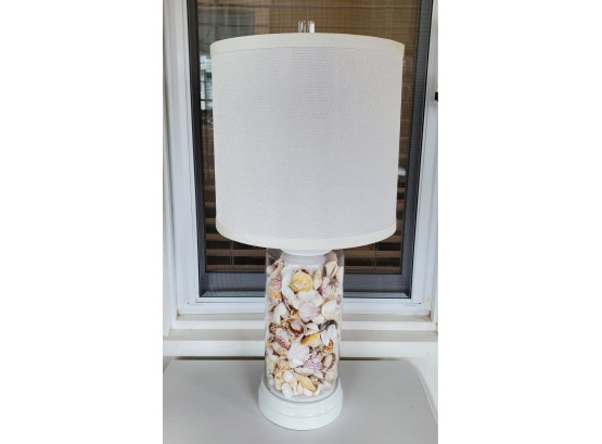 Glass Cylinder Filled With Shells Table Lamp - White Base & Shade