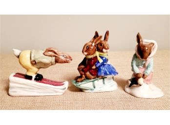 Three 1980s Royal Doulton Bunnykins Porcelain Figurines-Downhill, Skater & Sleigh Ride