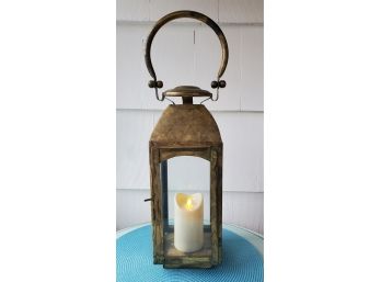 Metal Antiqued Brass Look & Glass Decorative Lantern & Battery Operated Pillar Candle