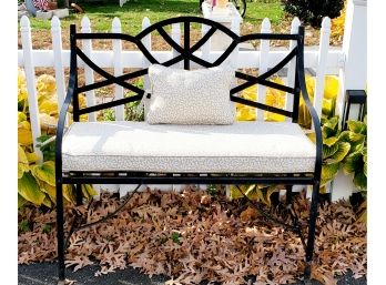 Handsome Black Wrought Metal Garden Bench With Custom Upholstered Cushion & Accent Pillow