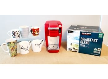 Bright Red Keurig Single Serve Coffeemaker, New Coffee K Cups  & Mug Assortment