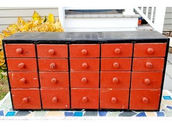 Adorable Rustic Vintage Red & Black Painted Wood Cabinet With Small Drawers