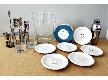 Bar Glassware, Ice Bucket & Set Of Williams Sonoma Wine Plates & Bar Tool Set