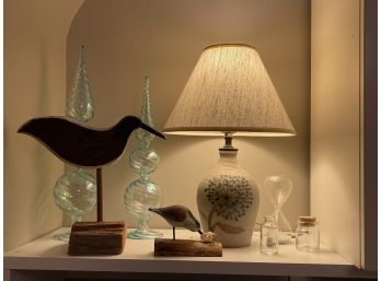 Beach Vibe Decor Featuring Iridescent Aqua Twsit Blown Glass, Hand Carved Birds, Hand Made Pottery Lamp