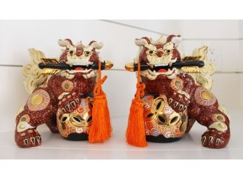 Vintage Pair Of Colorful Imported Porcelain Chinese Foo Dogs