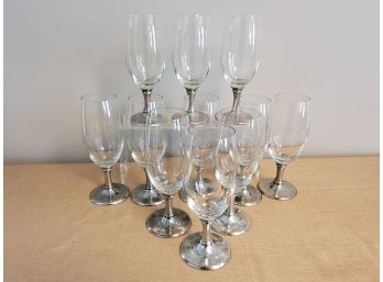 Set Of Eleven Pewter & Glass Wine Glasses & Protective Quilted Zipper Case