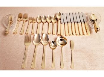 Beautiful Gold Plated Stainless Steel Korea Flatware Set & Two Crystal Spoon Holders