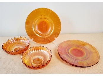 Vintage Assortment Of Marigold Carnival Glass Ribbed Bowls & Plates